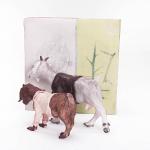 Factor of Ten, 8.5"x8" x8.5", hand built and slip cast porcelain with underglaze and overglaze decoration on the goats, the box has lithographic prints, underglaze pencils and sgraffito decoration, fired to cone 6 in oxidation, 2015.