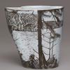 "Into the Woods" pitcher, slip cast porcelain with sgraffito decoration.